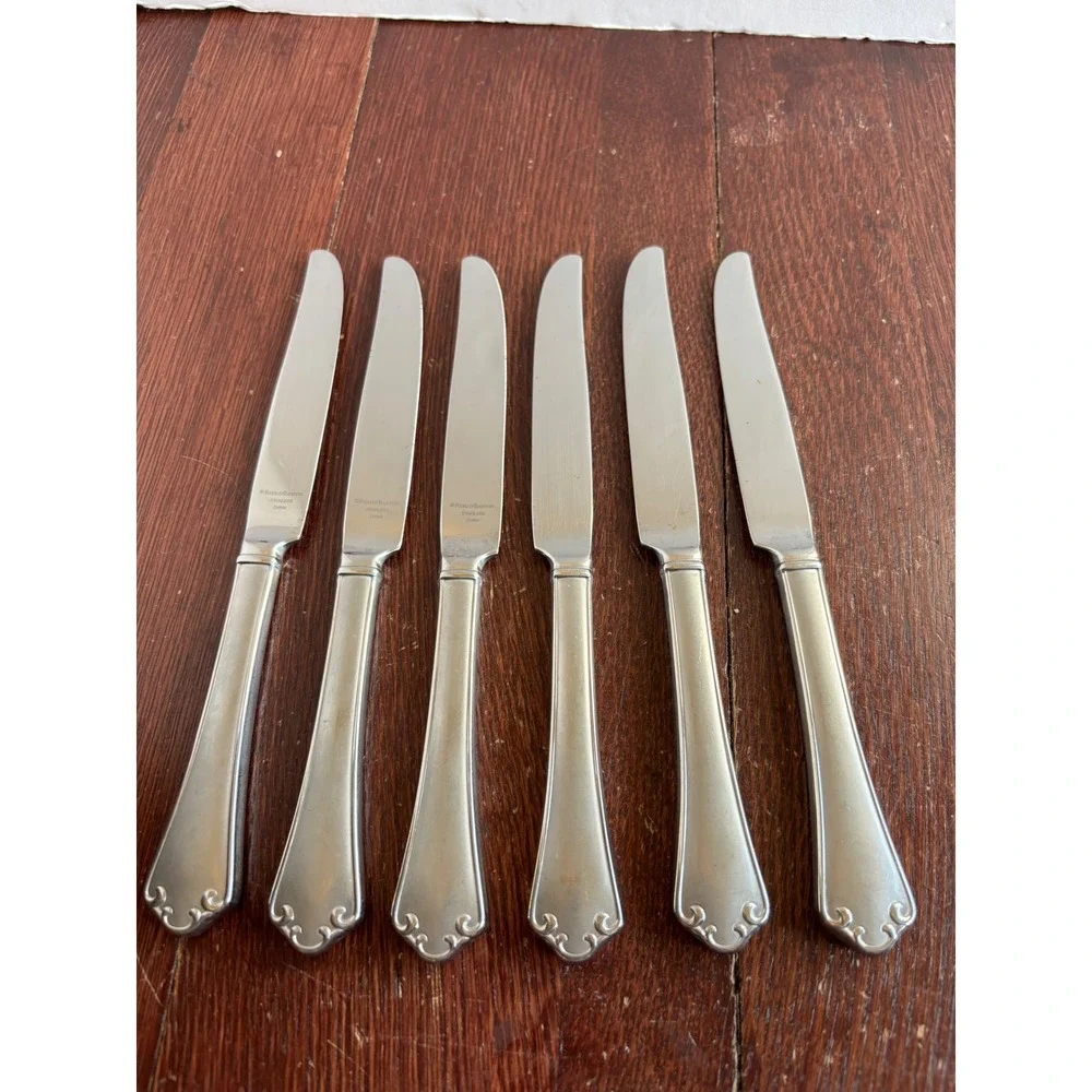 Reed & Barton Ashland Matte Stainless Steel Dinner Knives Set of 6 Scroll Design